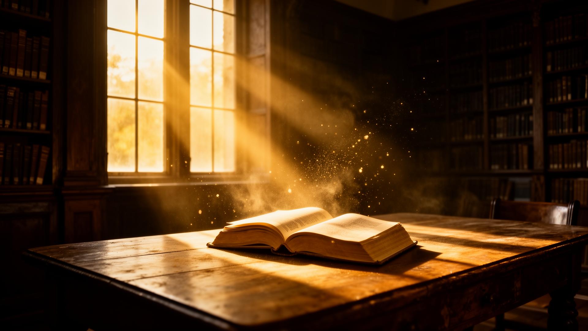 Lumière dorée sur un livre ouvert dans une vieille bibliothèque