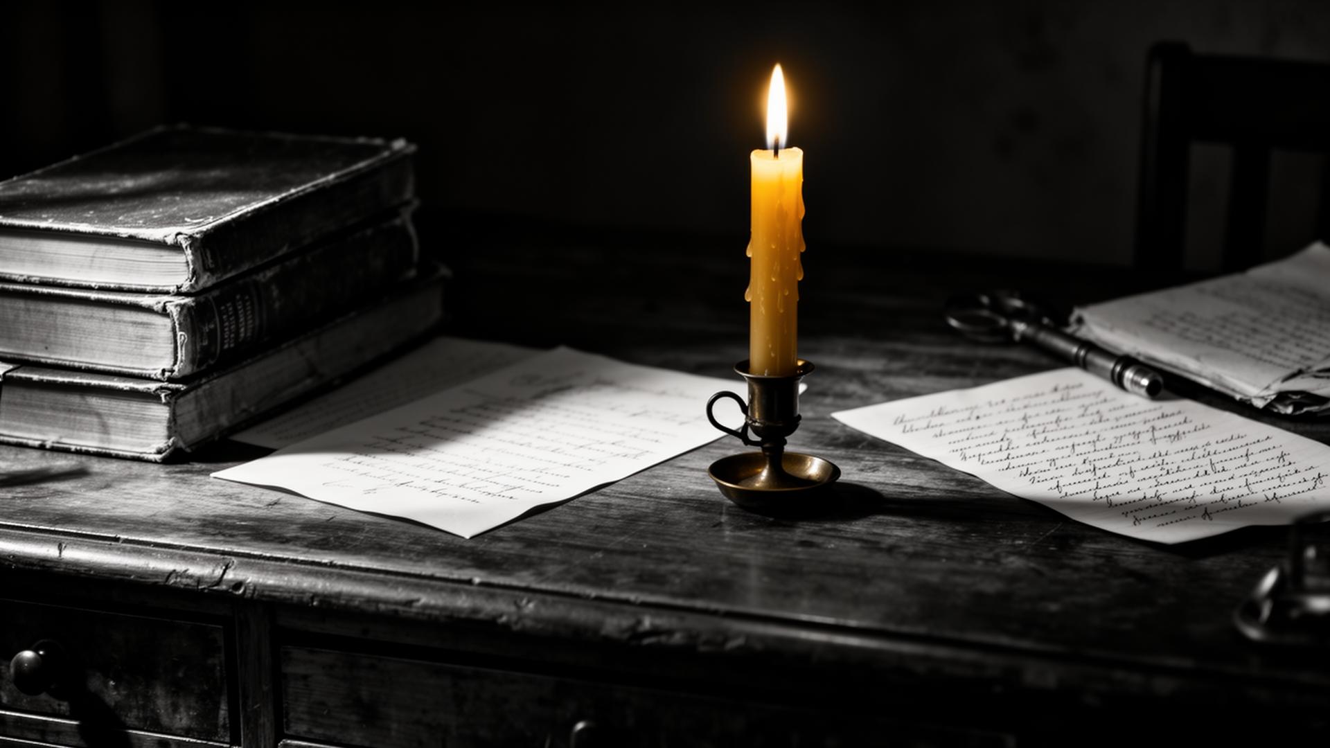 Une bougie allumée sur un bureau ancien — l'origine d'un foyer